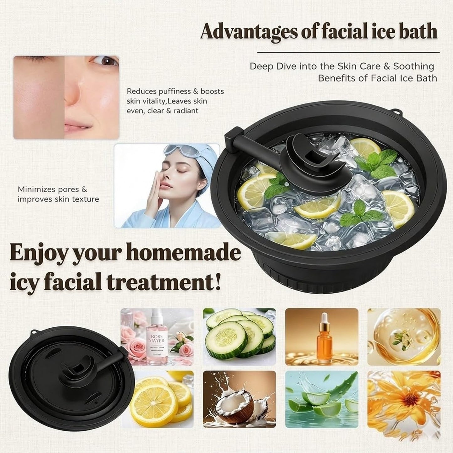 Upgraded Face Bowl for Ice,Premium Silicone Facial Plunge Basin in Cold Water with Breathing Tube,Foldable Compress Makeup Wash Sink Tubs,Collapsible Spa Therapy Molds and Skincare Glowing Tool Kits