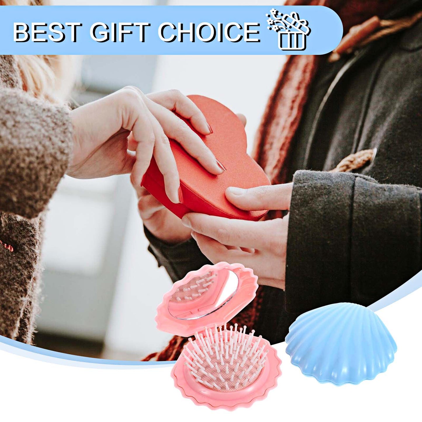 Nogeqi 2 Pcs Shell Shape Foldable Mini Brush for Hair,Travel Size Hair Brush with Mirror,Conch Folding Hair Brush,Portable Compact Hair Brush for Women and Purse Must Haves (Blue Pink)