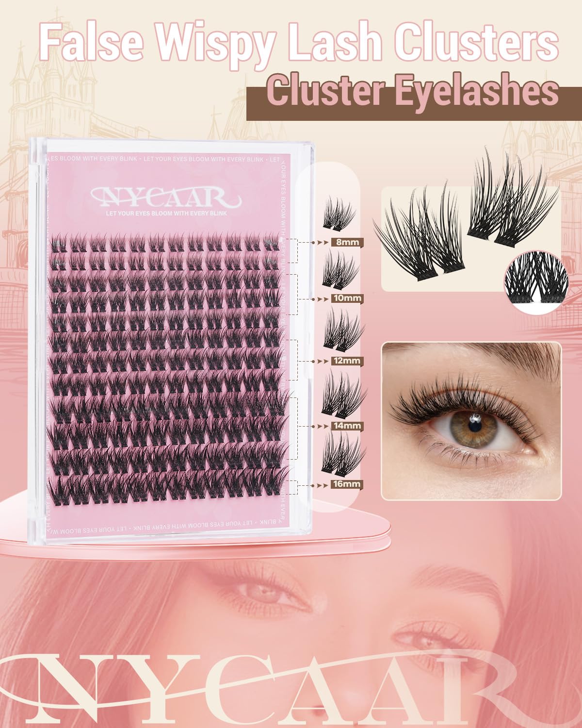 Natural Eyelash Clusters - 144pcs Wispy Lash Extensions | C Curl, Invisible Band, 8-16mm for Beginners