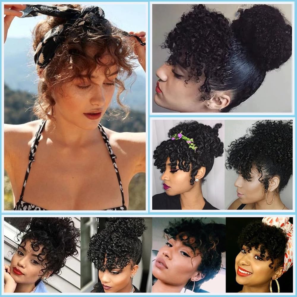 Afro Puff Drawstring Ponytail Extension - Curly Bangs Clip for Black Women | Synthetic Hairpiece (Black)