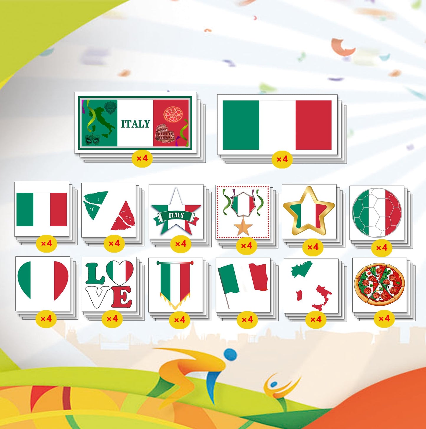 ZH BOCO ARTS 56Pcs Italian flag Temporary Tattoos Waterproof for World Cup Adults Kids,Italy Flag Temporary Tattoos Face Body Art Stickers for Football Fans Sports Events Festival Party Supplies