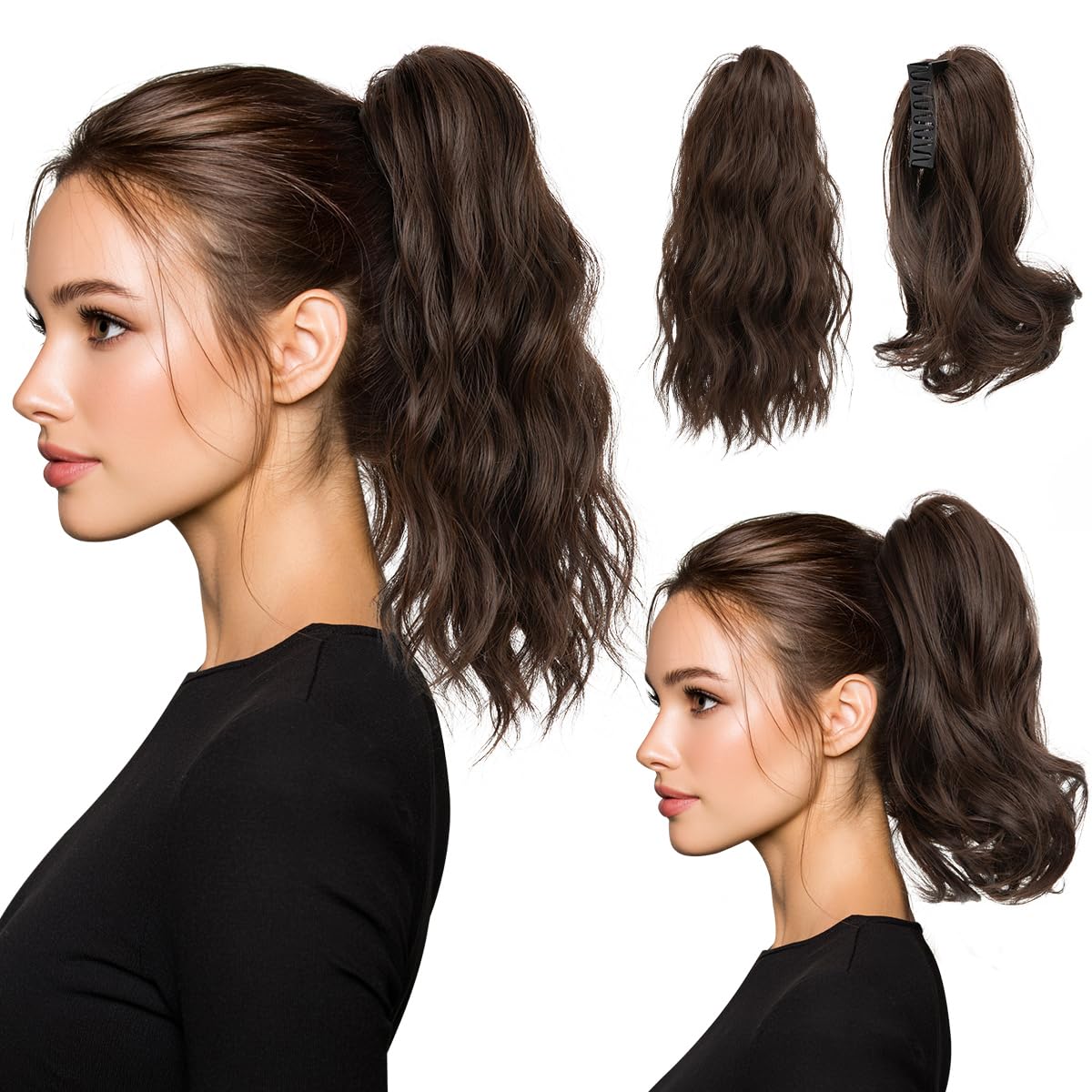 Ponytail Extensions - Wavy Curly Claw Clip Hairpieces for Women | 12" & 14" Beige Multi Set
