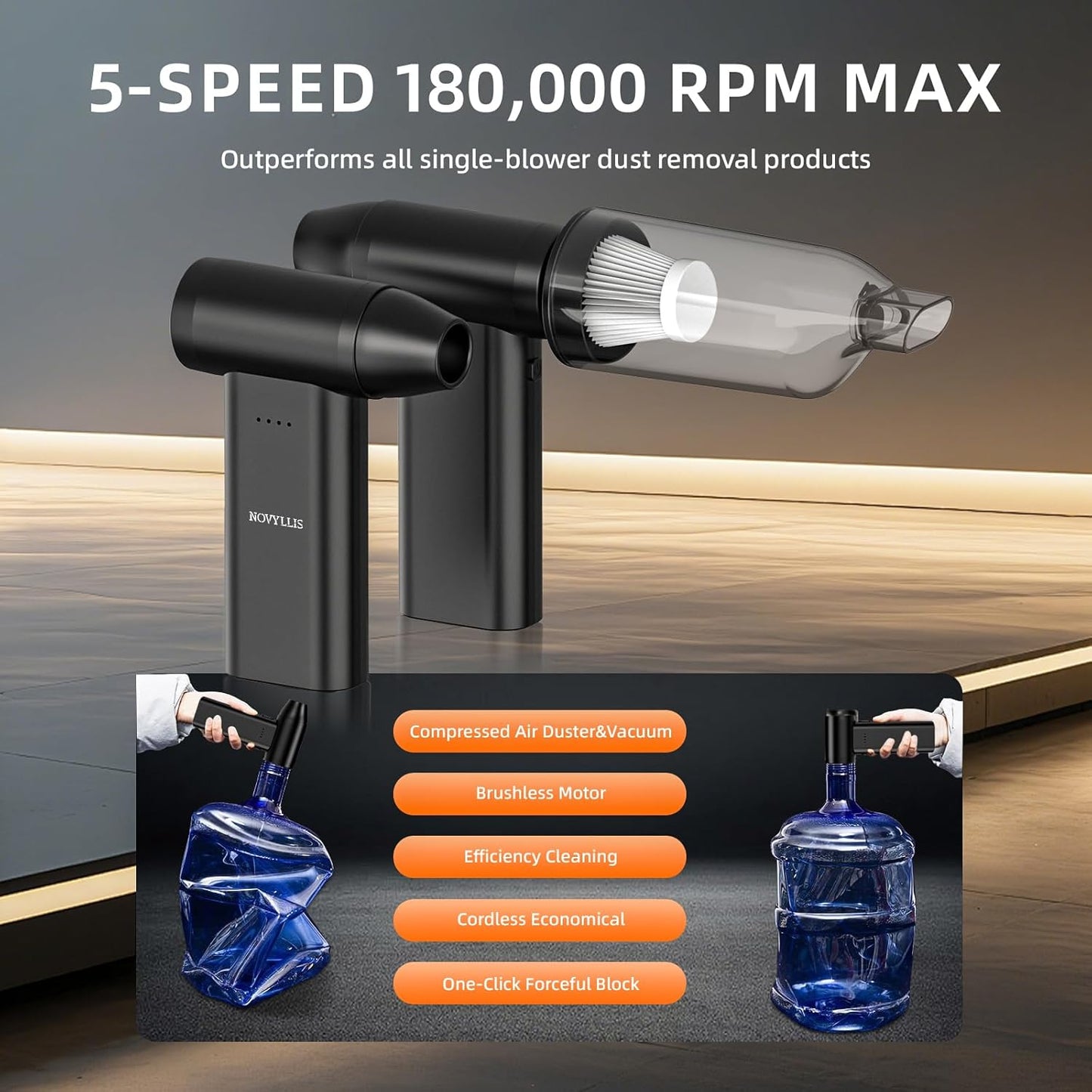 Electric Compressed Air Duster - Cordless Mini Blower & Vacuum Cleaner Kit | 180,000 RPM, 5 Speed, USB-C for PC, Keyboards, Home & Car