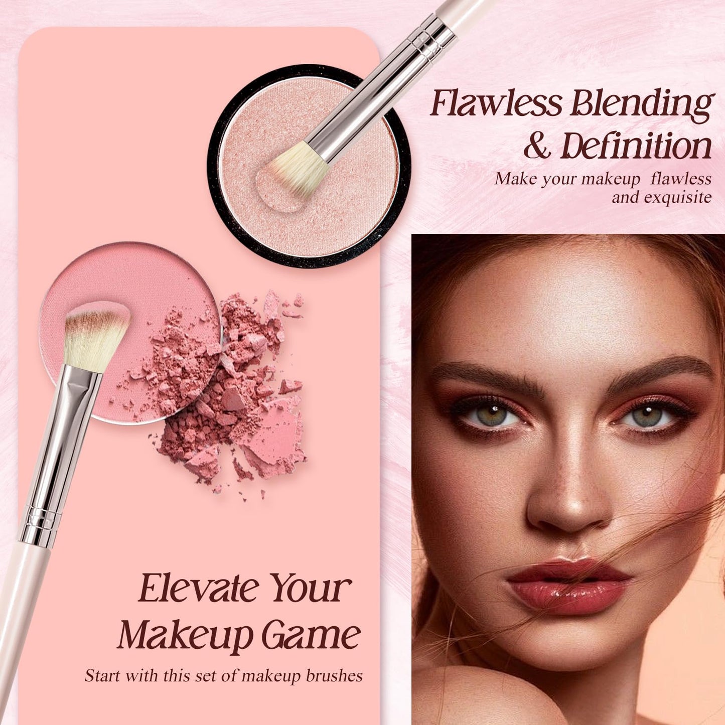Makeup Brush Set, Premium Synthetic 10 PCS Makeup Brushes, Travel Makeup Brush Set with Soft Hairs, Makeup Brushes Set Professional for Blush, Eyeliner, Eyeshadow, Concealer, and Foundation (Pink)