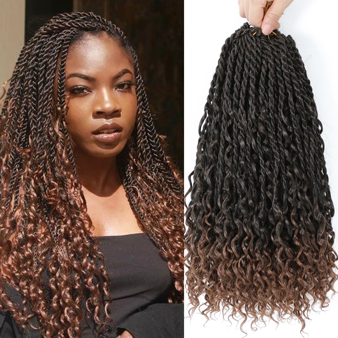 Goddess Twist Braids - Ombre Black Brown Crochet Hair Extensions | 14-Inch Curly Ends, 6 Packs for Black Women