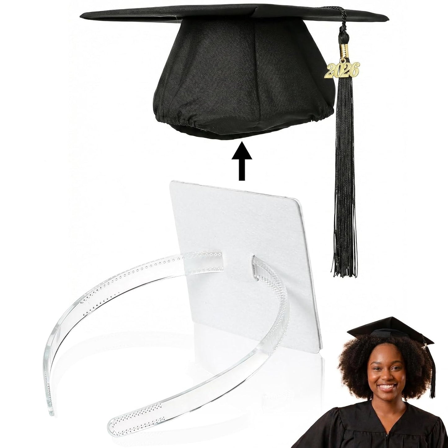 Black Graduation Cap Headband Insert - Firm Anti-Fall Hair Band for Secure Cap & Hairstyle | 1 Pack
