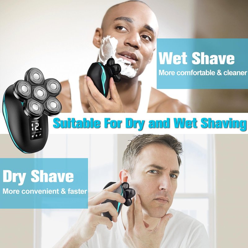Electric Head Shaver for Bald Men, 6 in 1 Mens Electric Heads Razor Bald Head Shaver Cordless Razor Men, IPX7 Wet/Dry Waterproof Men's Rotary with Shavers Kit LED Display (Green)