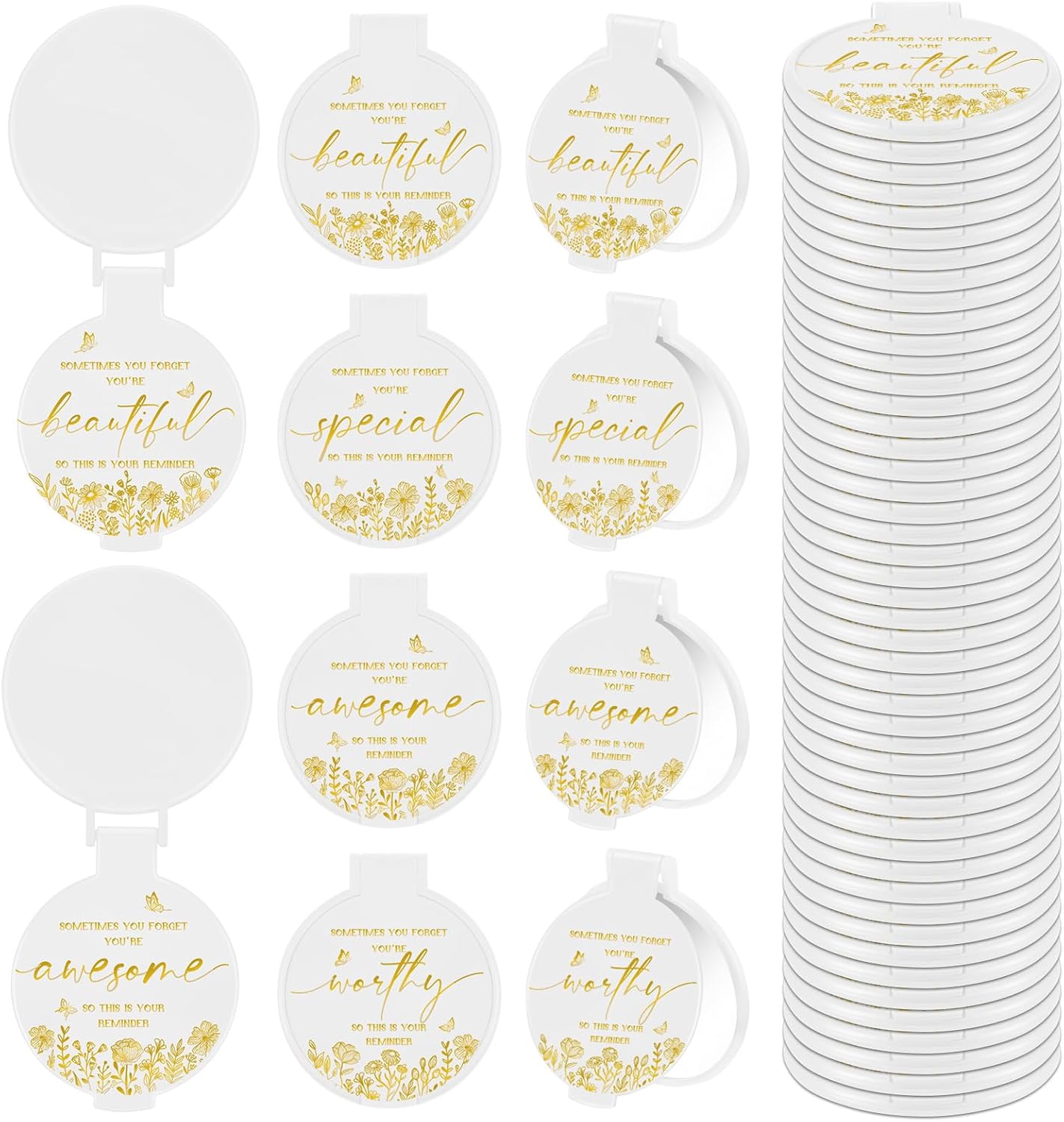 Inspirational Compact Mirror - 100 Pcs Portable Round Folding Makeup Mirror | Perfect Gift for Women, Coworkers, Teachers (White)