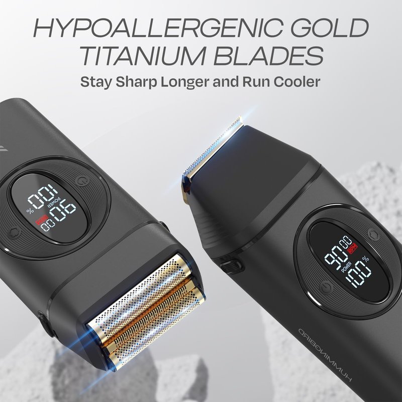 HUMMINGBIRD MK17 DualPro Foil Shaver & Beard Trimmer for Men – Gold Titanium Blades, Turbo Shaving & Torque Control, Metal Body, Digital Battery & RPM Display, Wet/Dry, USB-C & Wireless Charging Dock