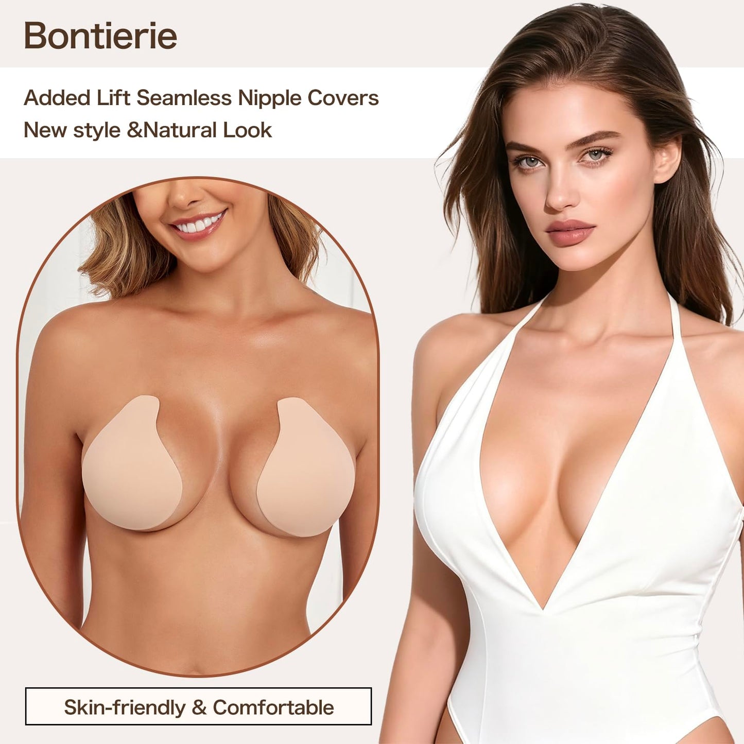 Bontierie Nipple Covers Sticky Push up Bra Added Lift Seamless Ultra-Thin Pasties Adhesive Bras Women Beige
