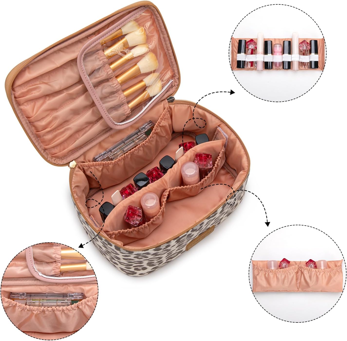 Travel Makeup Bag Set - Large Cosmetic Organizer with Brush Holder | Portable Toiletry Bag for Women - Leopard Print