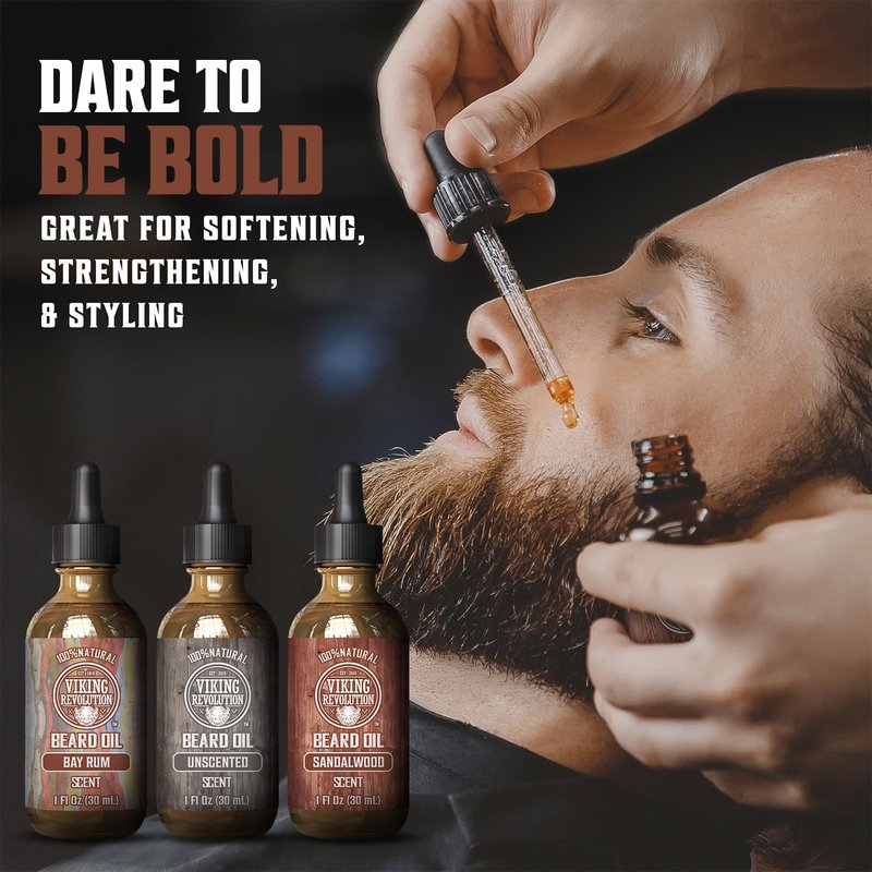 Viking Revolution Beard Oil for Men 3 Pack - Natural Mens Beard Oil Variety Set 2 - Sandalwood, Unscented and Bay Rum Scents - Beard Conditioning and Moisturizing for a Healthy Beard (3 Pack, 1oz)