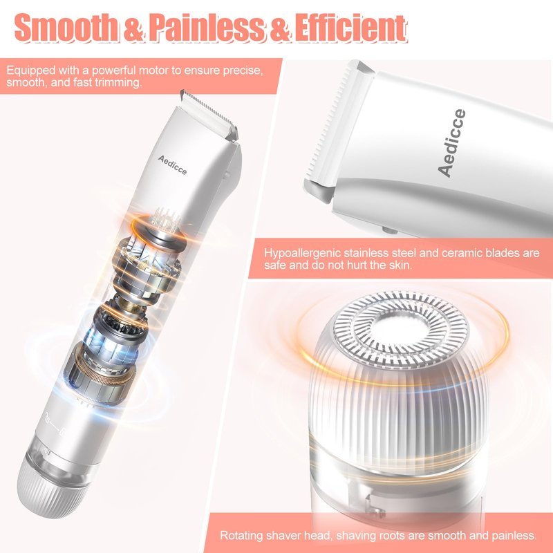 Bikini Trimmer for Women 2 in 1, Dual Head Womens Electric Shaver, Electric Razors for Pubic Hair, IPX7 Waterproof Rechargeable Facial Hair Removal for Shaving Underarm Leg Arm Body Face, White