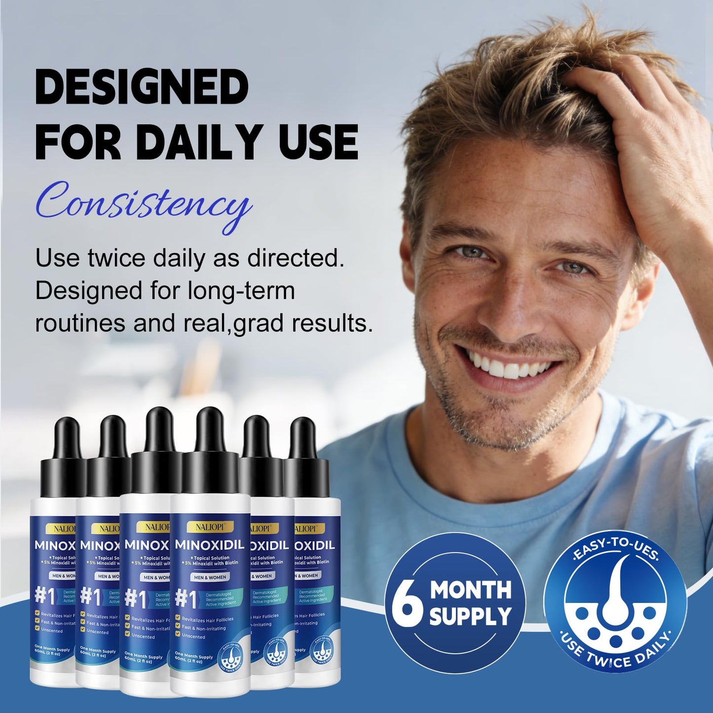 6 Pack NALIOPI 5% Minoxidil Topical Solution for Men & Women – Hair Regrowth Treatment for Thinning Hair, Receding Hairline & Crown – Extra Strength Scalp & Beard Growth – 6 x 2 fl oz (6 Month Supply)