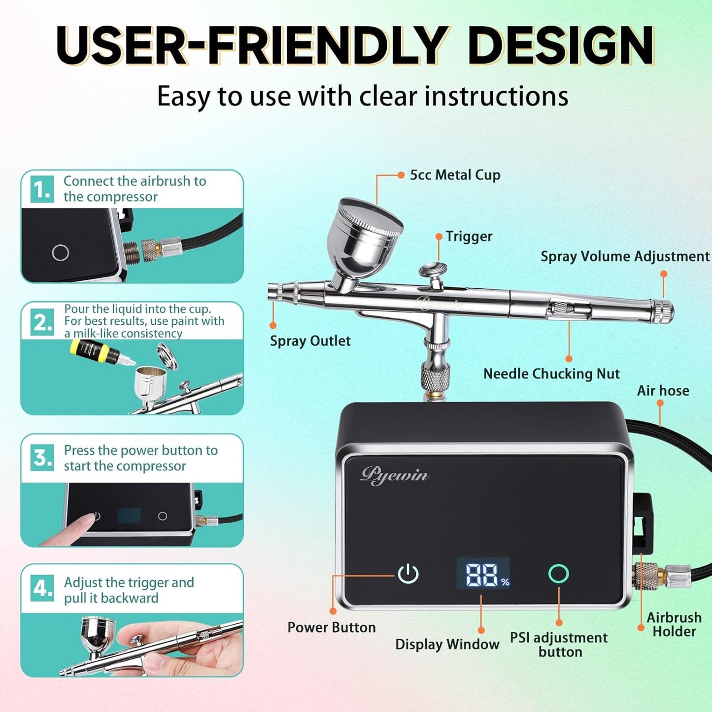 Cordless Airbrush Kit - 32PSI Portable Handheld Air Brush Gun with LED Display & 0.38mm Anti-Clog Nozzle | Rechargeable Set for Model Painting, Nails, Barber, Cake & Makeup