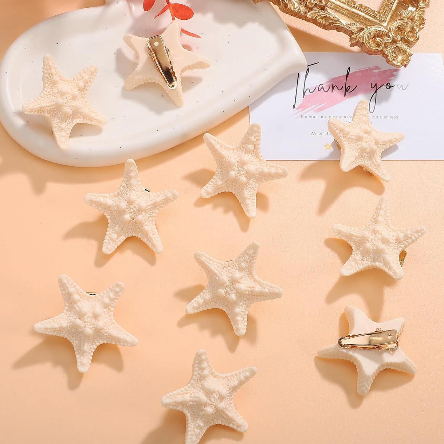 Starfish Hair Clips - 10 Pcs Realistic Resin Mermaid Barrettes | Nonslip Beige Shells for Beach Theme Parties & Cosplay