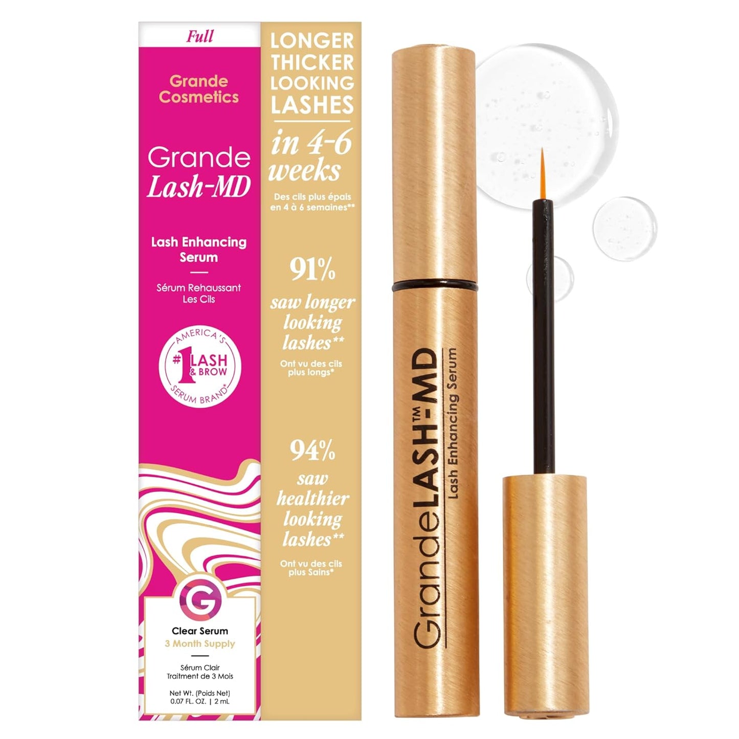 Grande Cosmetics GrandeLASH-MD Lash Enhancing Serum - Peptide & Vitamin Infused for Longer, Thicker Lashes | Ophthalmologist Tested, Cruelty-Free