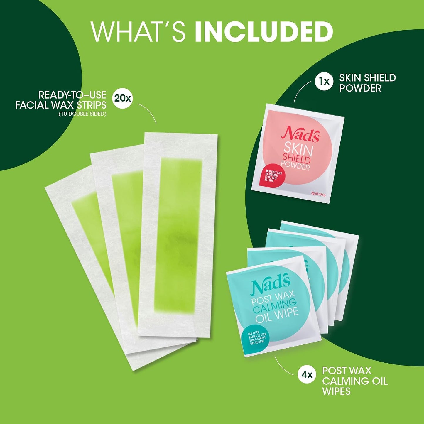 Nad's Facial Wax Strips - Hypoallergenic Facial Hair Removal Kit for Women | 20 Wax Strips + 4 Calming Wipes + Skin Protection Powder