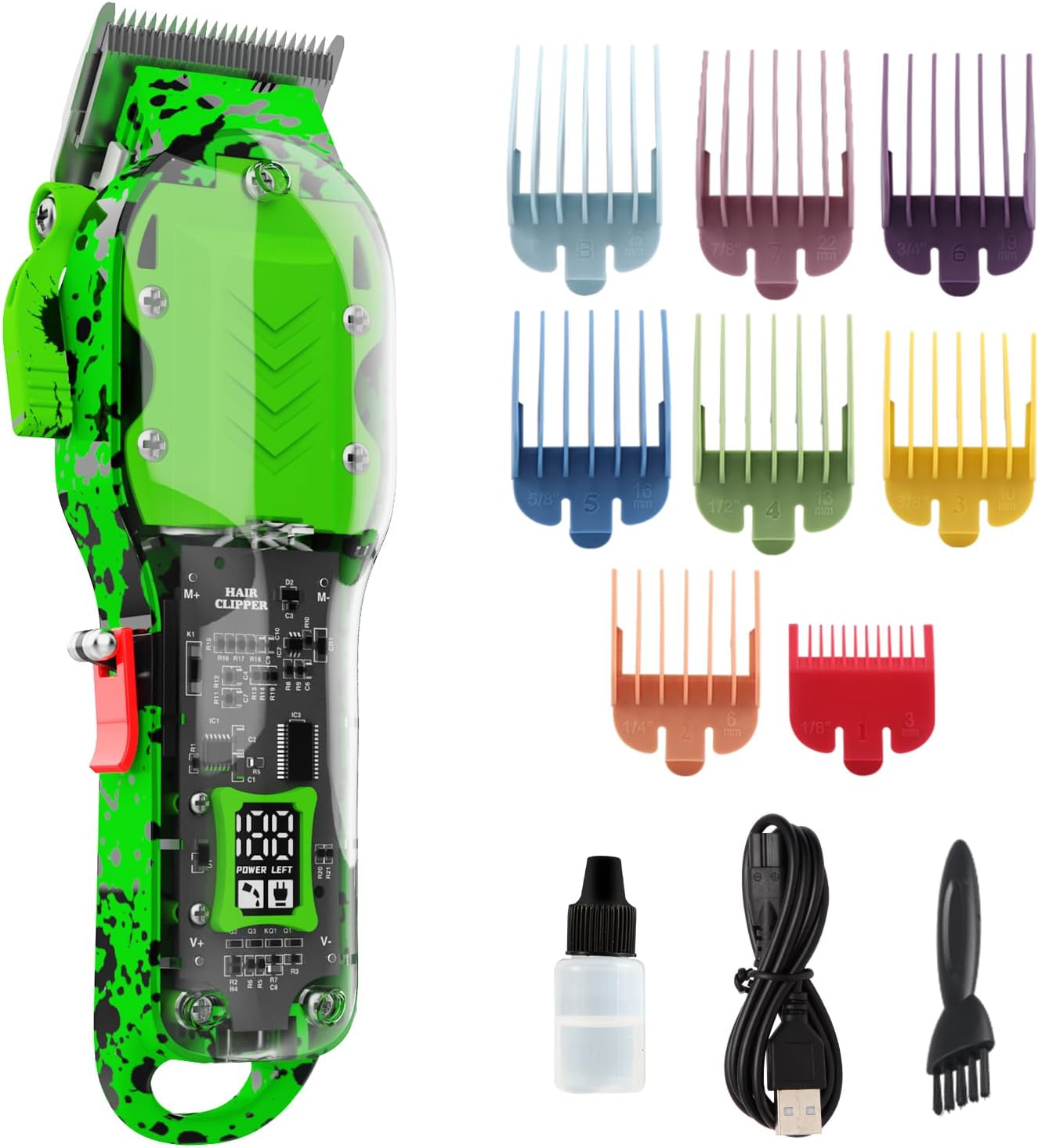 Professional Hair Clippers for Men - Cordless Barber Kit with LED Display | 8 Fade Taper Combs (Green)