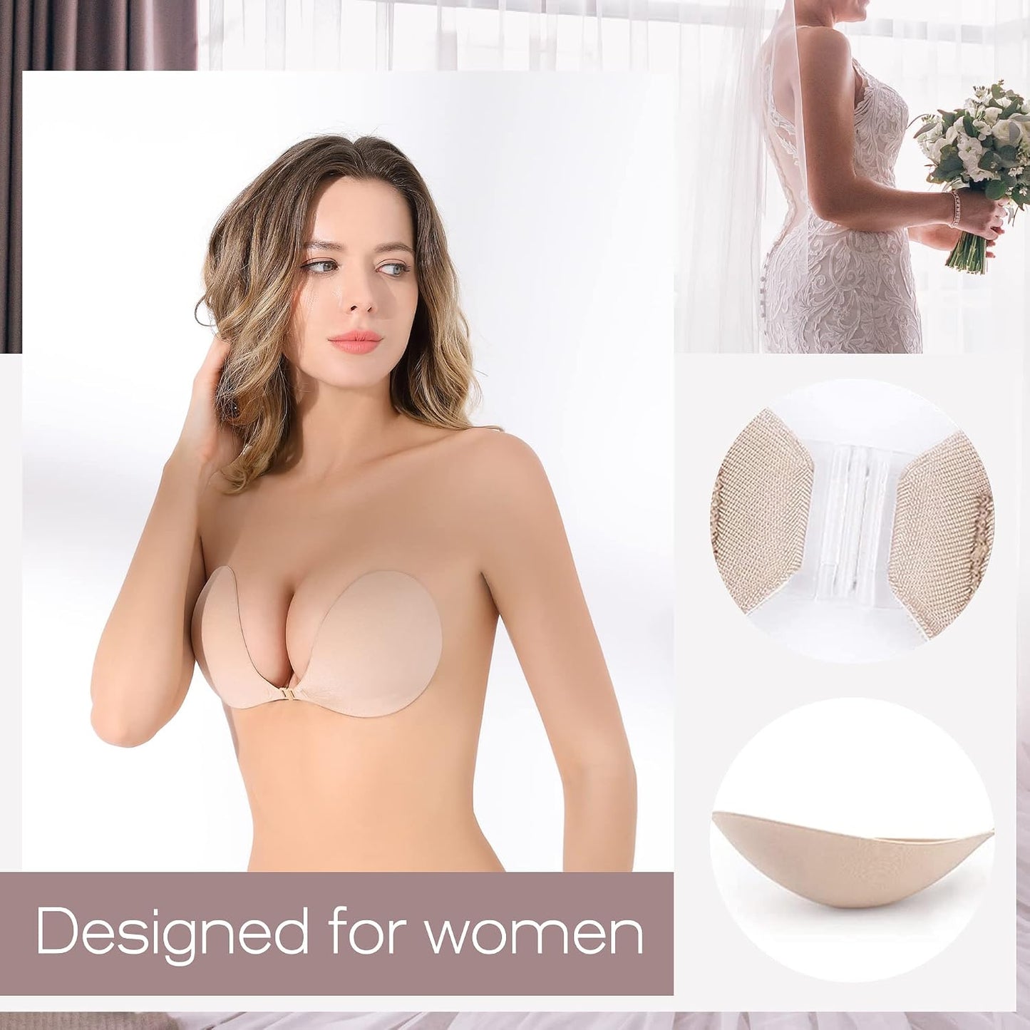 Push Up Sticky Bra - 2 Pack Reusable Invisible Backless Strapless Bra with Nipple Covers | Ultra Adhesive