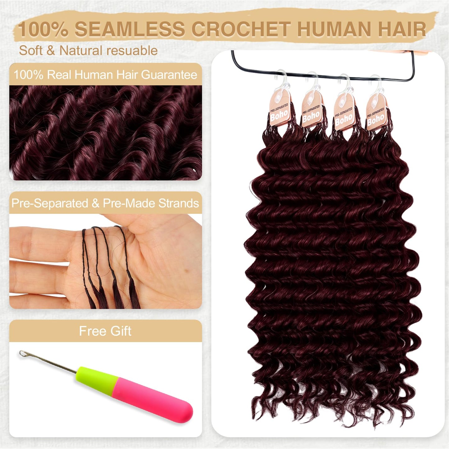 Miracle Knots Crochet Human Hair, Deep Wave Pre-Separated Crochet Hair for Black Women, Easy Install Hook Design, Invisible Natural Look,Boho Hair 14 Inch 120g(99J# Black Wine Color)