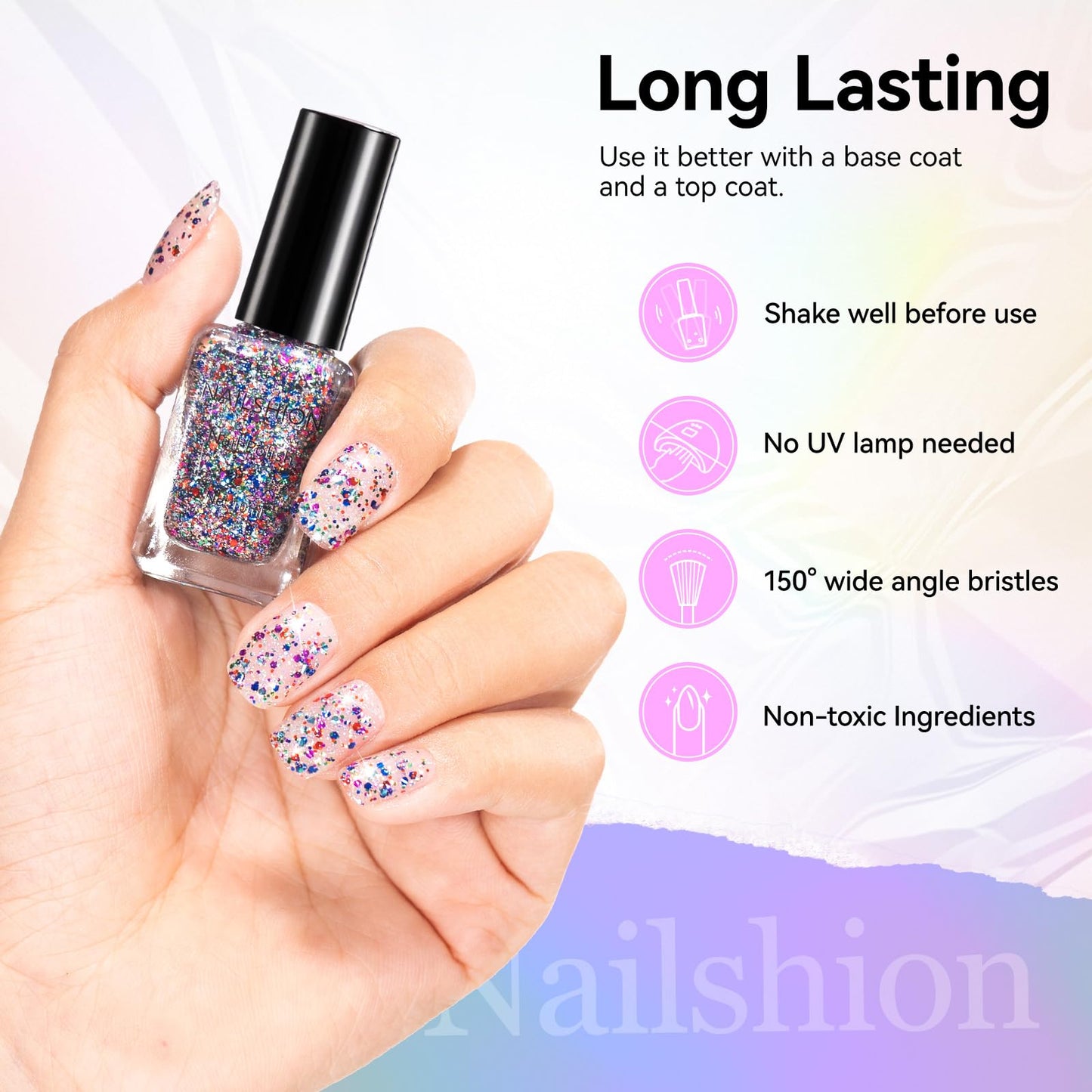 Nailshion Sparkle Nail Polish, Glitter Purple Blue Red Fast Dry, Vegan