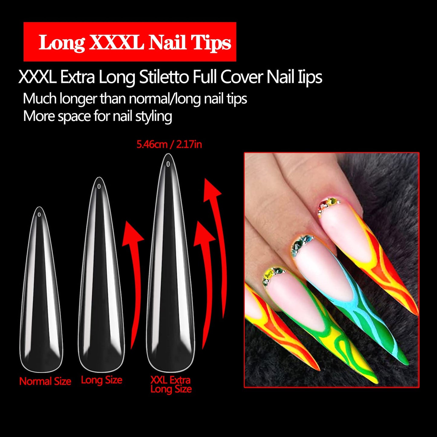 Stiletto Nail Tips - 600PCS XXXL Extra Long Full Cover for Acrylic Nails | 12 Sizes Clear Flattened Fake Nails