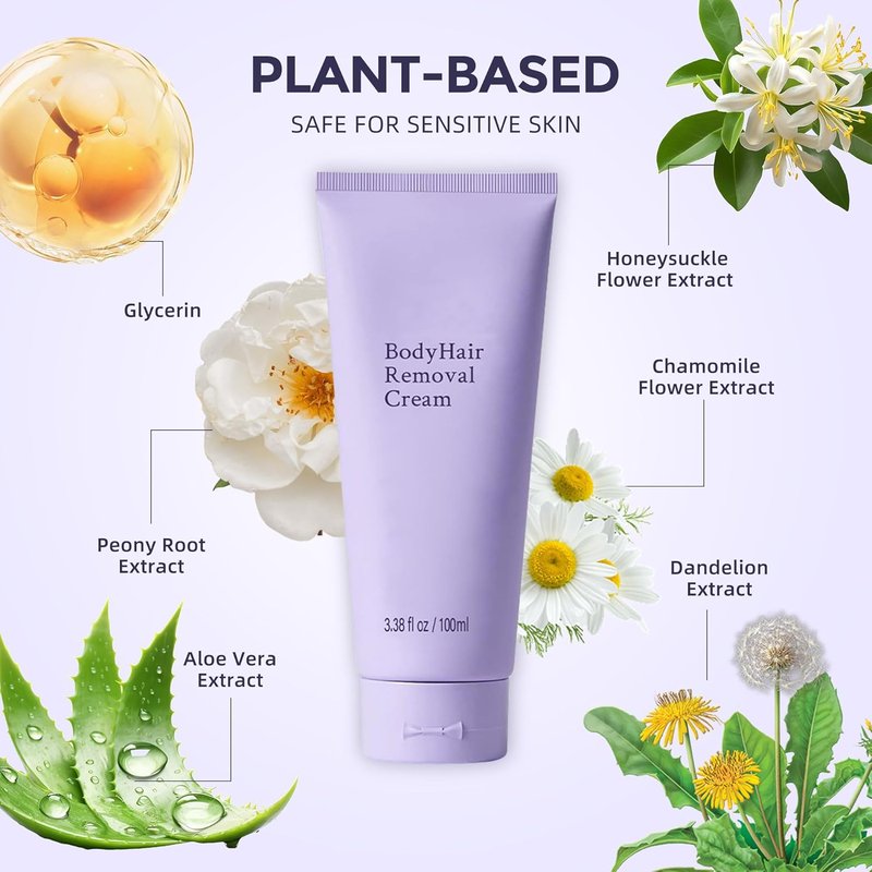 Hair Removal Cream for Women - Plant-Based Sensitive Skin Formula | Fast-Acting Depilatory Cream for Legs, Arms, Bikini & More - 3.38 Fl Oz