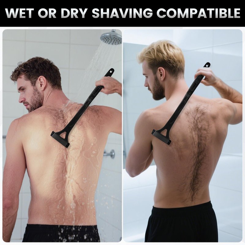 Back Shaver for Men with 8 Replacement Blades, Foldable Long Handle Body Hair Remover, Manual Back Razor Groomer for Men, Wet or Dry Shaving Body Trimmer for Smooth Hair Removal (Black)