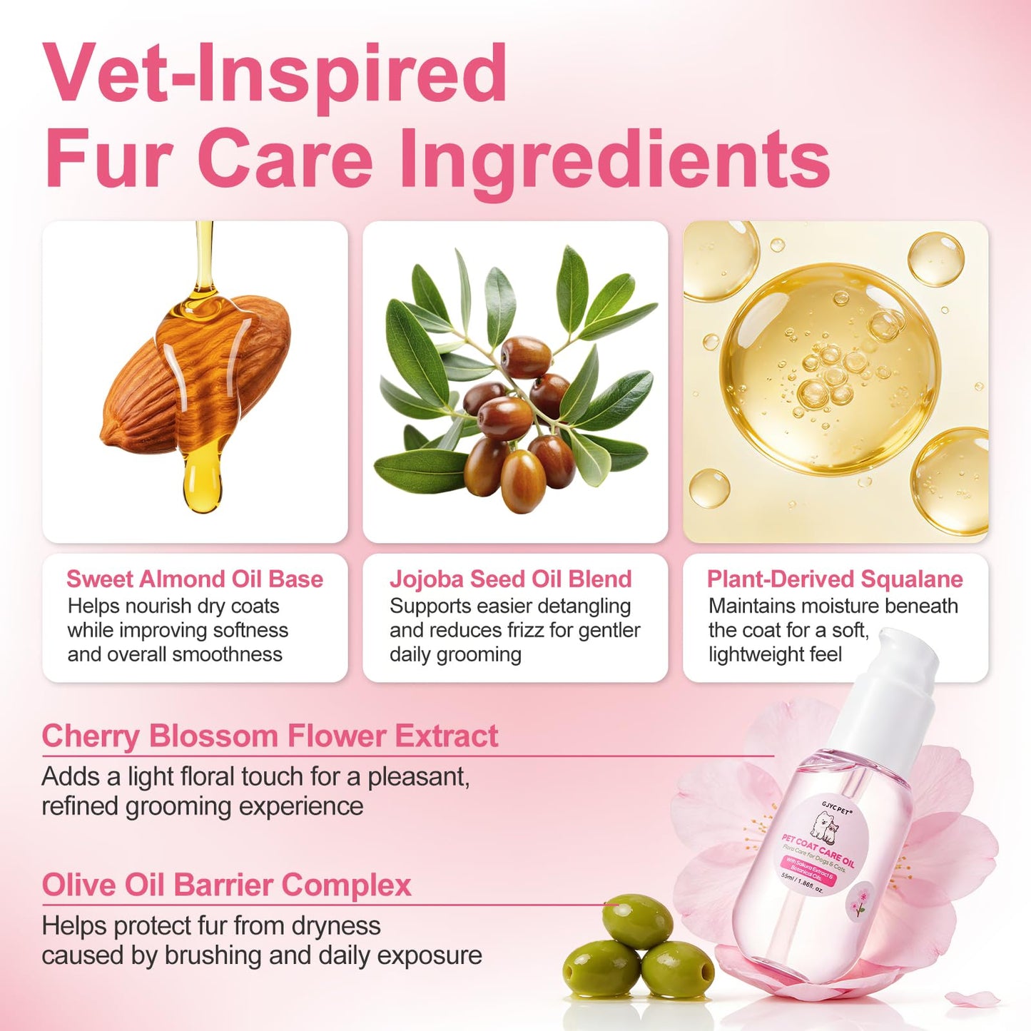 Pet Coat Care Oil, Cherry Blossom & Squalane Extract | Luster Enhancing Elixir, Radiant Shine & Protective Coating; Professional Silk Gloss Finish for Dull Coats, Non-Greasy, Dogs Cats, 1.69 fl. oz