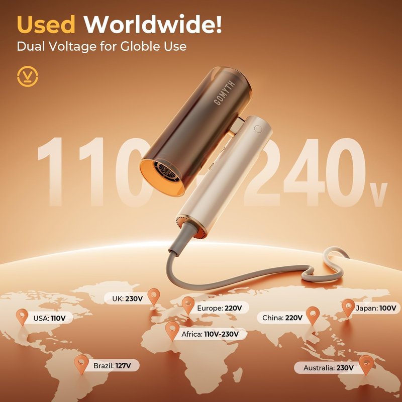 GOMYTH Dual Voltage Hair Dryer - 5 in 1 Air Styler with Compact Design & Plasma Scalp Protection | Travel Ready, 100V-240V