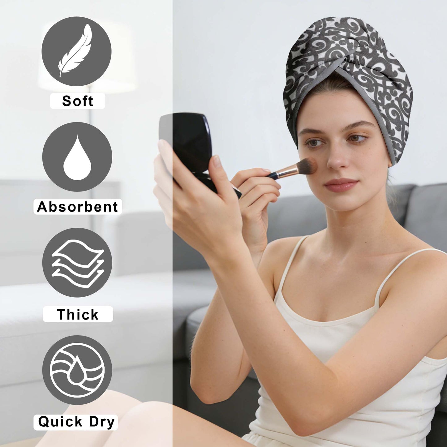VOOVA & MOVAS Dark Gray Microfiber Hair Towel, 2-Pack Button-Free Elastic Loop Hair Turban, Ultra Soft Quick Dry Hair Wrap, Highly Absorbent Anti Frizz Towel