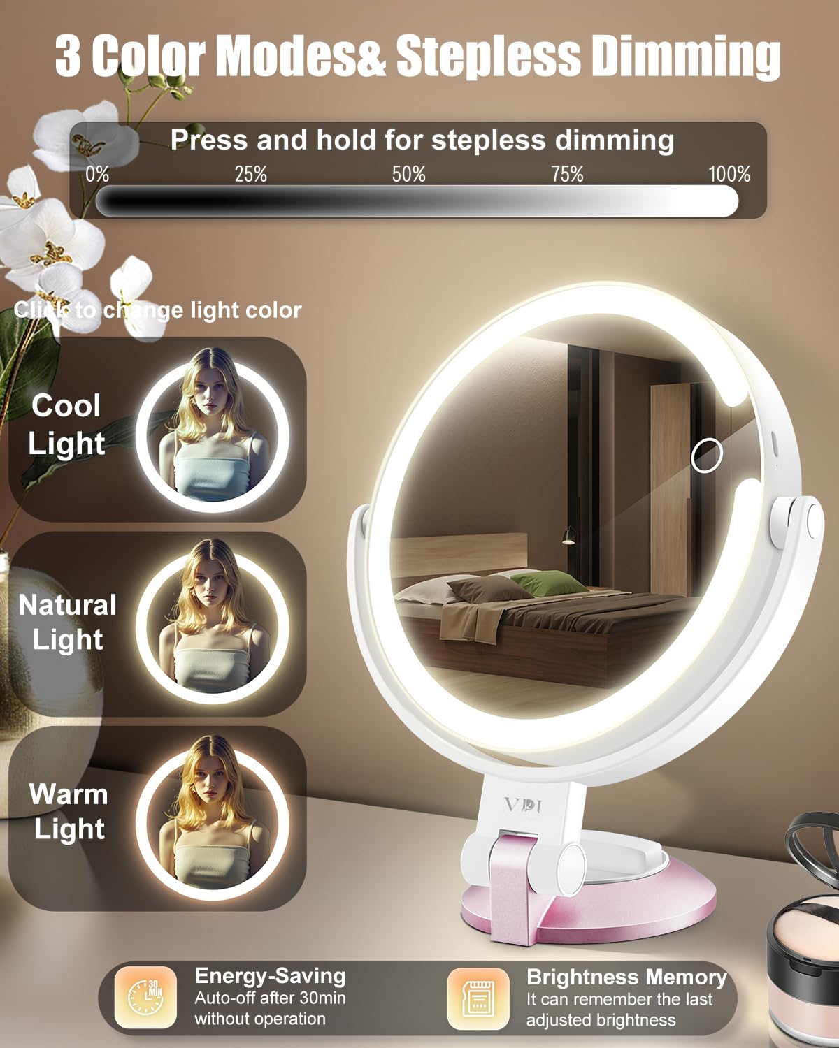 vpu 30X/1X Wall Mounted Magnifying Makeup Mirror with Power Suction Cup, Rechargeable Double Sided Regular HD/Magnification 3 Color Modes Adjustable Brightness Mirror with Lights for Bathroom, Travel
