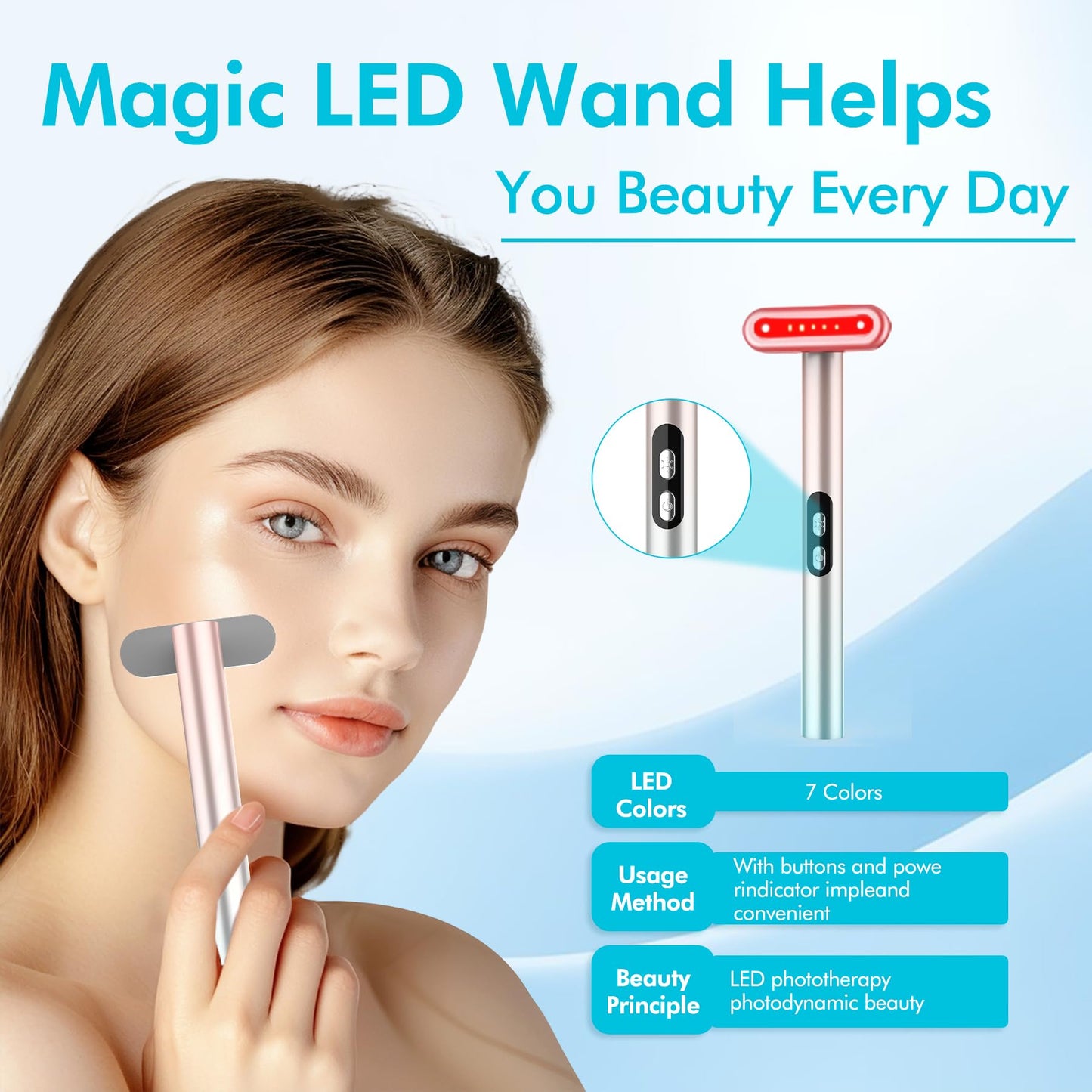 Red-Light-Therapy，Face Massager for Skin Care，Led Facial Light Therapy 7 Colors Eye Beauty Wand