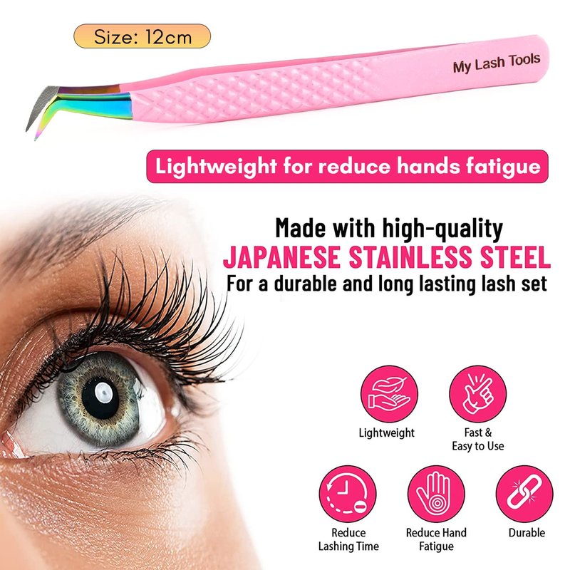 My Lash Tools Fiber Tip Lash Tweezers for Eyelash Extensions Professional Lash Tech Supplies Must Haves Volume Boot Eyelash Tweezers 12cm Stainless Steel Mink Fan Making Lashing Tweezer (Pink)