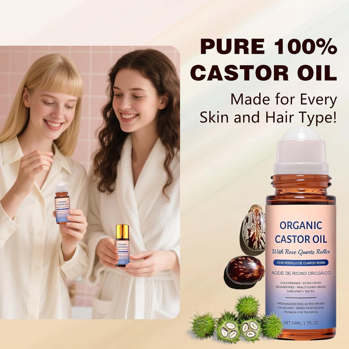 Organic Castor Oil Roll-On - 100% Cold Pressed Moisturizing Oil with Rose Quartz Roller | Travel-Friendly Skin & Hair Care (1pc)