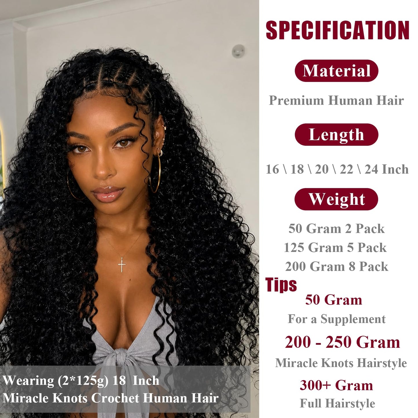 Human Crochet Hair - 18 Inch Deep Wave Bundles for Black Women | 50g Pre-Separated Extensions, Natural Black