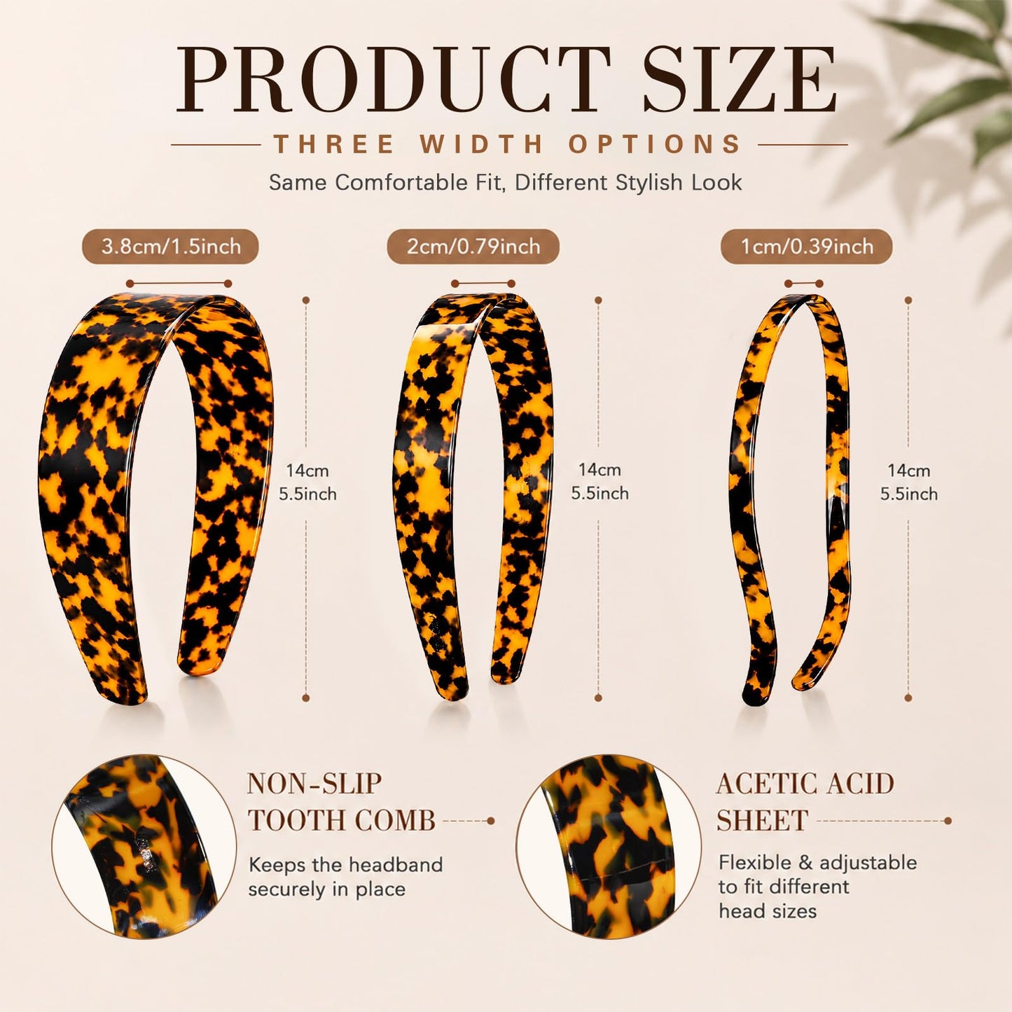 Wavyknot 3 Pack Tortoise Shell Acetate Headbands for Women Different Widths (0.4", 1", 1.5") Non Slip Teeth Dark Tortoise Hair Bands Classic Retro Hair Accessories for Daily, Makeup Use