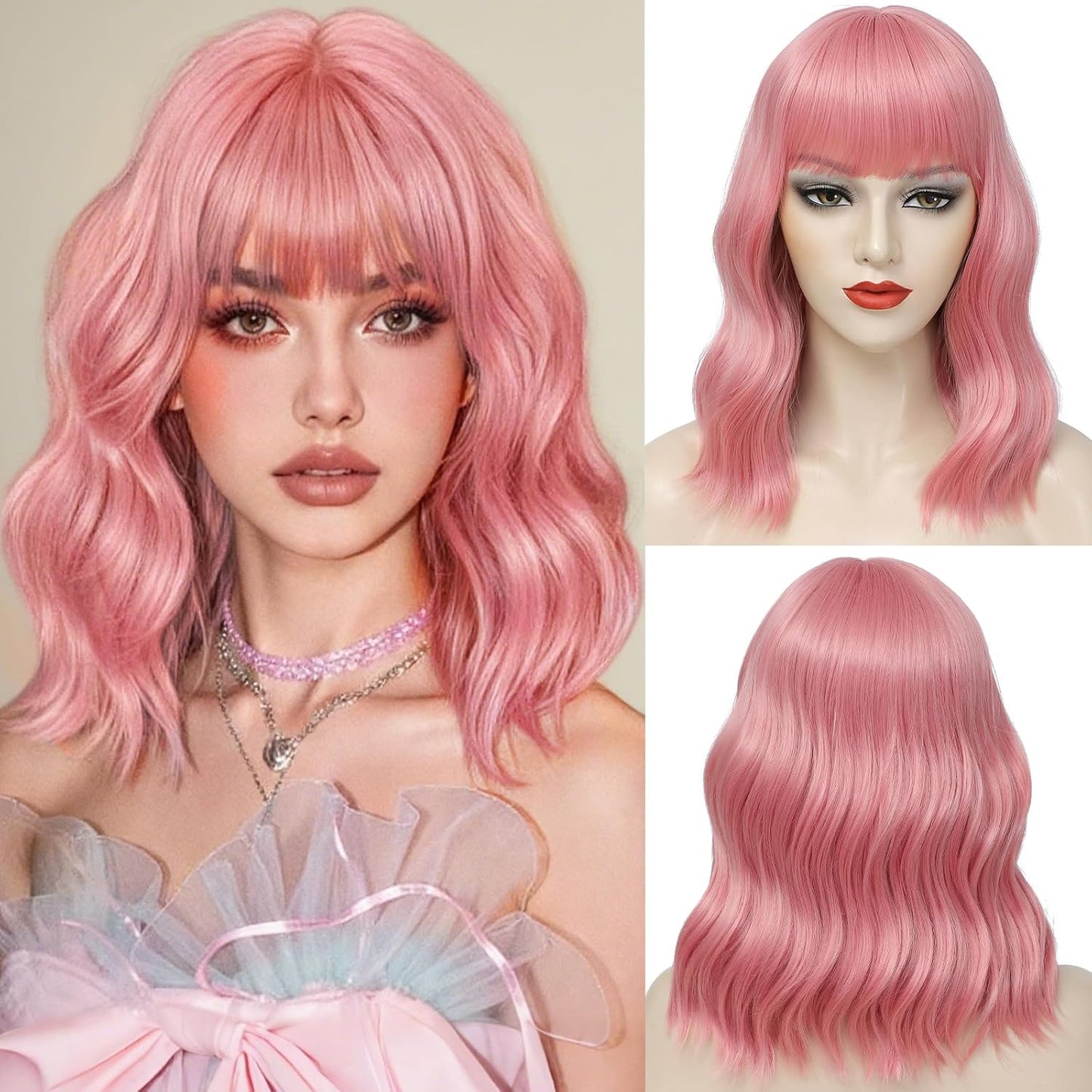Emerald Green Wavy Bob Wig with Bangs - Shoulder Length Synthetic Cosplay Hair