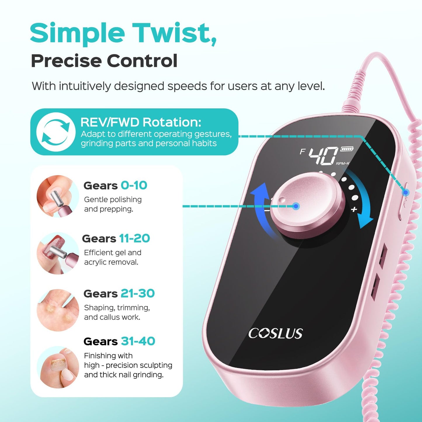 COSLUS E51 Electric Nail Drill Professional: Rechargeable Nail File with Stand for All Manicure Shaping & Gel Removal, Entry-Level Easy, 40000RPM E-File for Nail Art Practice, Home DIY and Salon, Pink