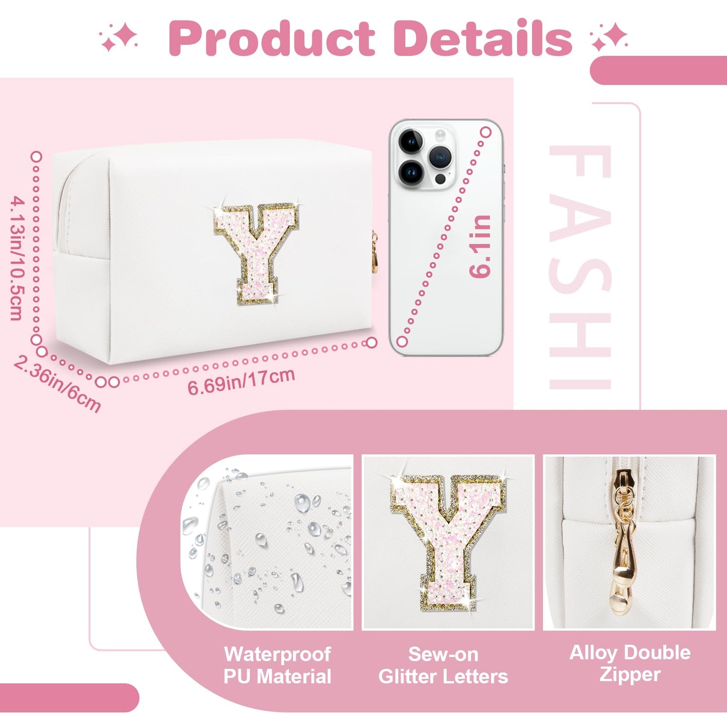 Small Initial Patch Makeup Bag Personalized Gifts Make Up Bag,White Cute PU Leather Glitter Letter Cosmetic Bag with Zipper,Trendy Portable Travel Toiletry Pouch,Preppy Stuff for Teen Girls Women Y