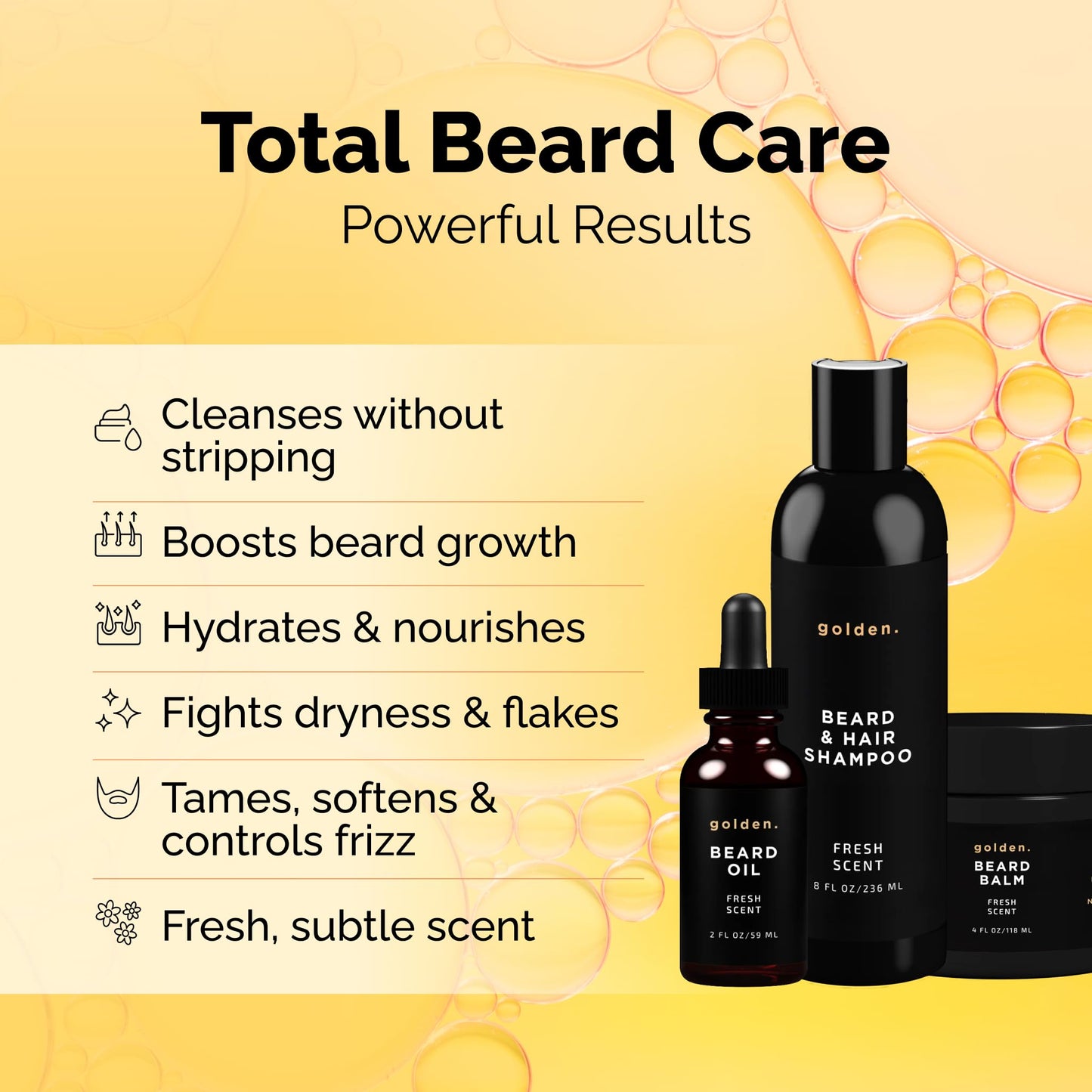 Golden Grooming Beard Bundle XL (Double Size Value Kit) 8oz Shampoo, 4oz Balm, 2oz Oil - Fresh