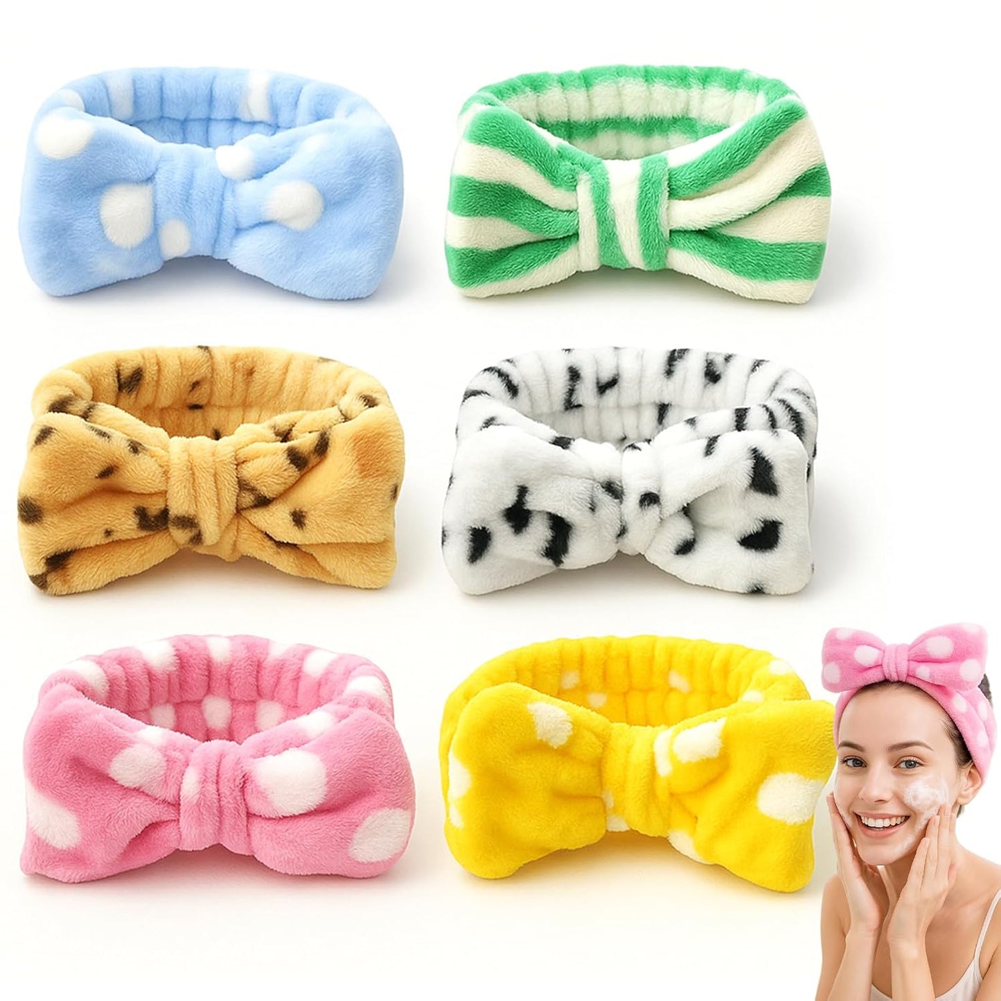 Spa Headband Set - 6 Pcs Furry Face Wash Headbands for Skincare & Makeup | Removable Bow Design
