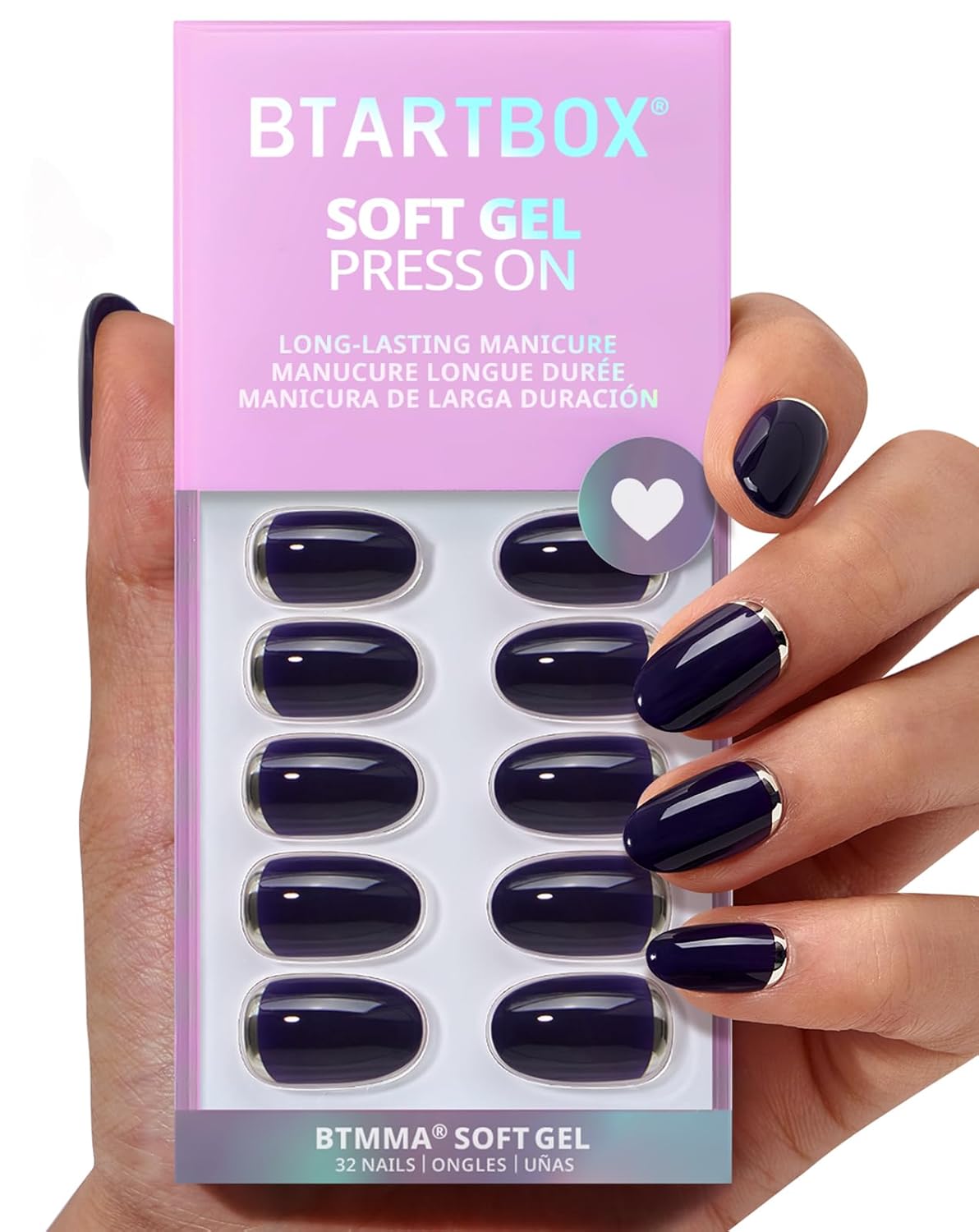 French Tip Press On Nails - Chrome Short Almond Design | Semi-Transparent Soft Gel, 16 Sizes, 32 Piece Kit