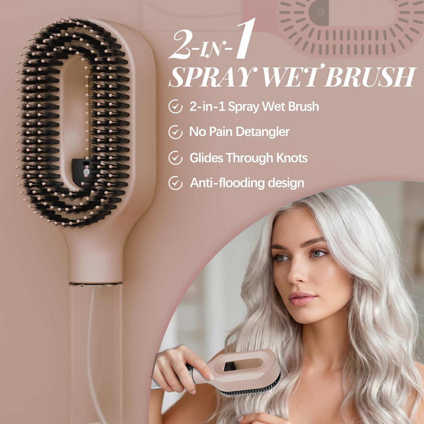 Portable Hair Brush with Water Spray, Travel-Friendly Fine Mist Detangling Brush for Wet & Dry Hair, Compact Water Spray Brush for Curly, Wavy & Straight Hair, Refillable Styling Tool(1, Khaki)