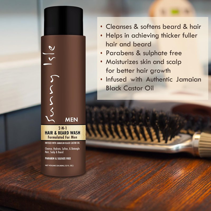 Sunny Isle Jamaican Black Castor Oil 2-in-1 Hair & Beard Wash - Cleanses, Hydrates, Sulfate Free - 12oz