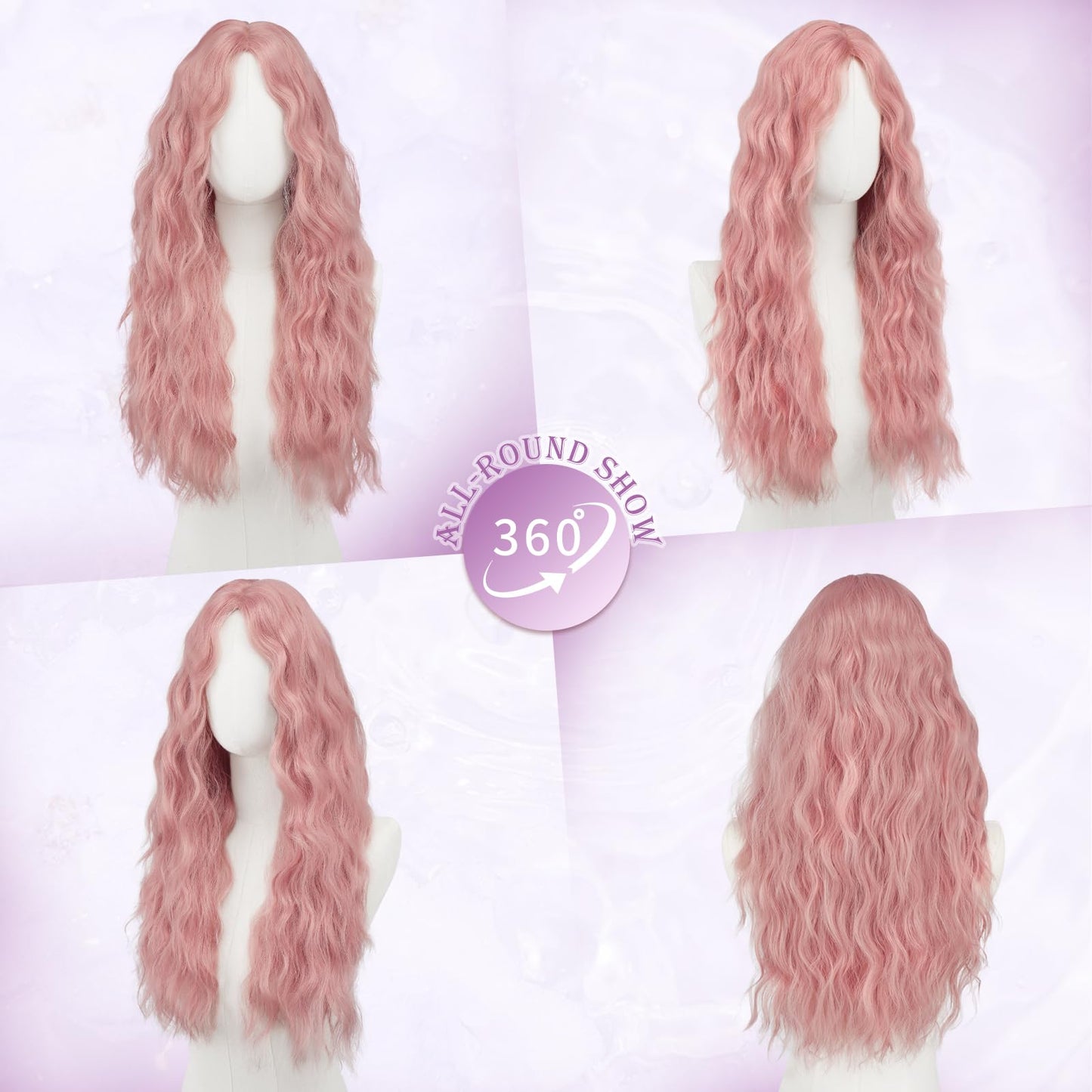 Haloo Pink Wigs with Curtain Bangs - 26 Inch Long Wavy Curly Middle Part Soft Natural Looking Synthetic Hair Wig for Women Daily Party Cosplay Costume Use