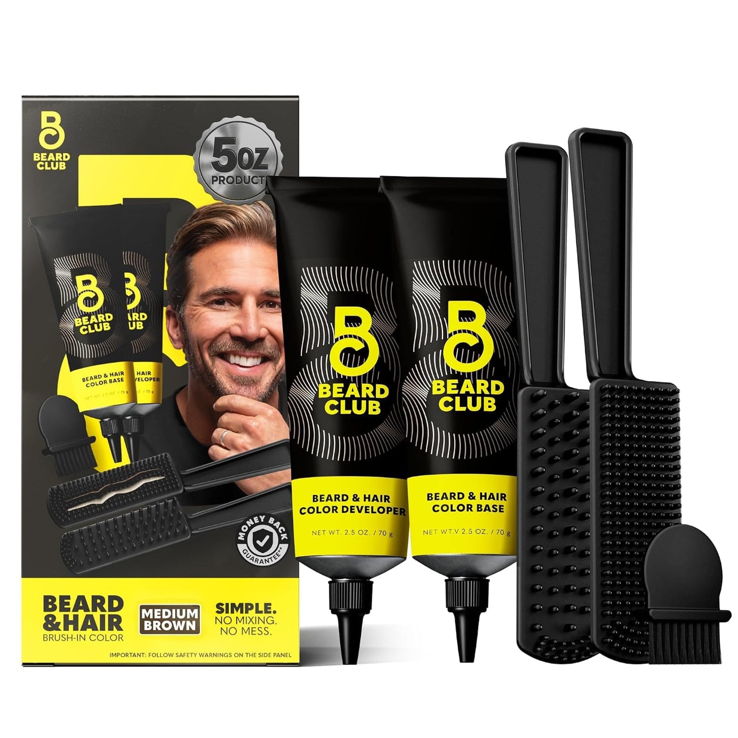 The Beard Club Permanent Hair and Beard Dye for Men – Professional Quality Mustache Dye, Hair Color for Men, Covers Grays, All in One Reusable 5 Minute Color Kit – Medium Brown