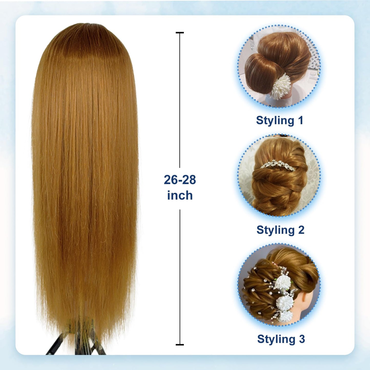 Mannequin Head Human Hair- Cosmetology Manikin Doll Head with 80% Real Hair for Hairdresser Practice Styling Braiding Training Heads & Clamp Holder (Brown)