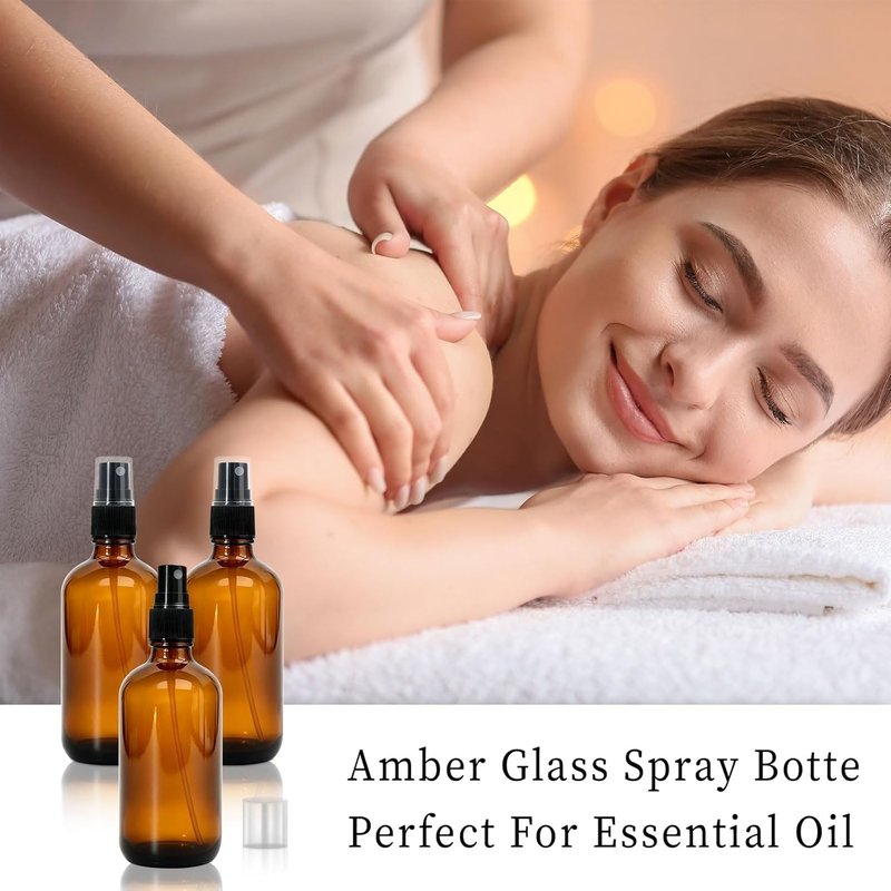 Amber Glass Spray Bottles - 28 Pack 4oz Refillable Fine Mist Bottles for Essential Oils, Hair, Cleaning | Includes Funnels & Labels